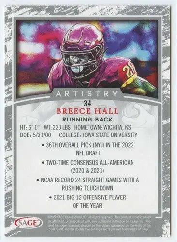 2022 Sage Artistry Black Border Breece Hall football card NM-MT collectible