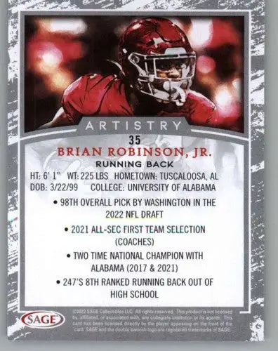 Brian Robinson Jr. football card with original gloss from 2022 SAGE Artistry Black Border series