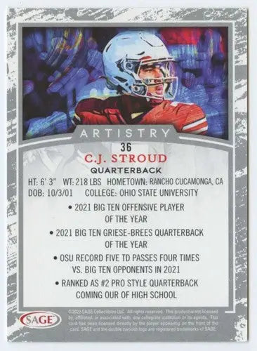 2022 Sage Artistry Black Border C.J. Stroud football card NM-MT for collection