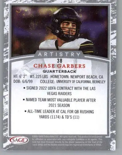 Chase Garbers football card from 2022 Sage Artistry Black Border series