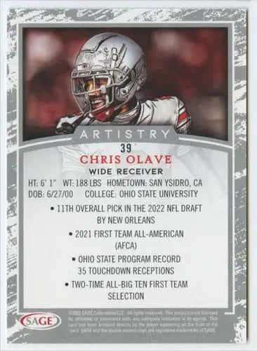 2022 SAGE Artistry Black Border #39 Chris Olave NM Near Mint ID:66179 - Football Card Single