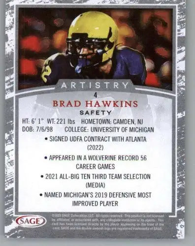 2022 SAGE Artistry Black Border #4 Brad Hawkins NM Near Mint ID:66149 - Football Card Single