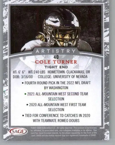 Cole Turner football card from 2022 SAGE Artistry Black Border collection