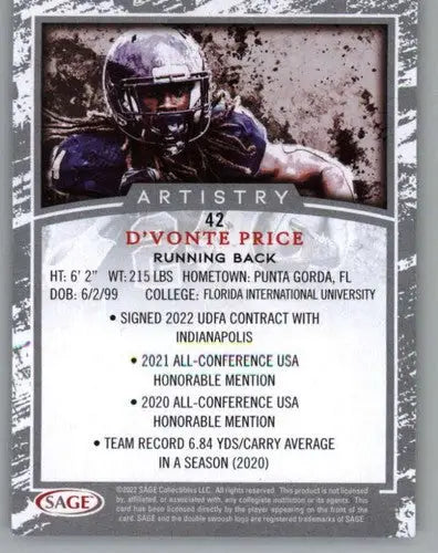 D’Vonte Price football card from 2022 SAGE Artistry Black Border collection