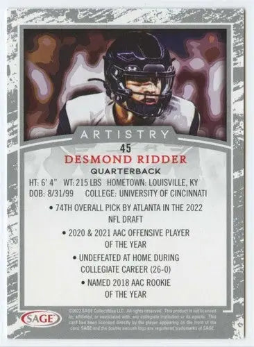 Desmond Ridder football card with original gloss in Sage Artistry Black Border series