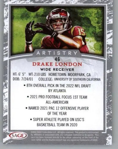 2022 SAGE Artistry Black Border #46 Drake London NM Near Mint ID:66186 - Football Card Single