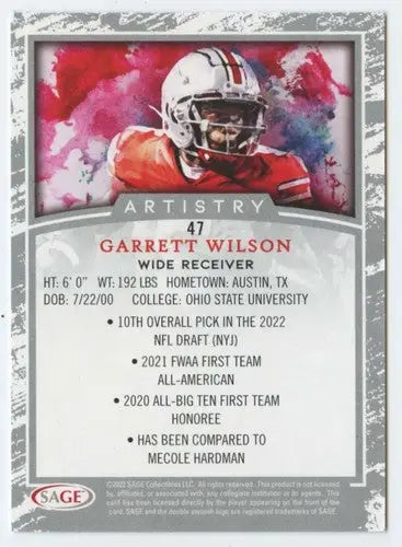 Original gloss Garrett Wilson football card with Sage Artistry Black border in near mint condition