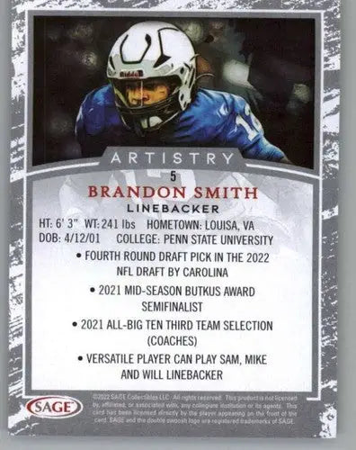2022 Sage Artistry Black Border Brandon Smith football card in near mint condition