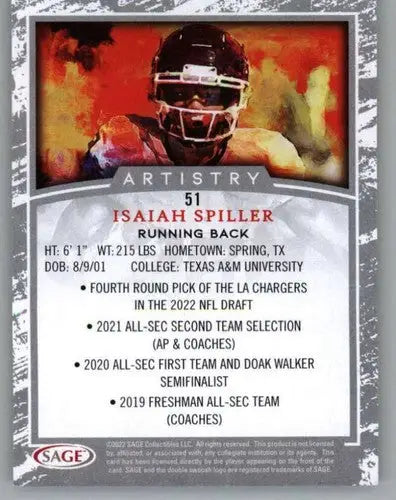 Isaiah Spiller football card from 2022 Sage Artistry Black Border collection