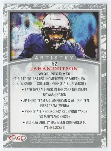 Jahan Dotson football card from 2022 SAGE Artistry Black Border collection