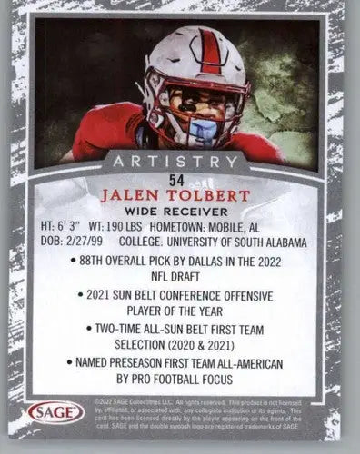 Jalen Tolbert football card with original gloss in Sage Artistry Black Border collection