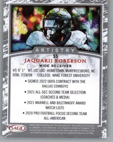 2022 Sage Artistry Black Border Jaquarii Roberson football card showing original gloss NM Near Mint