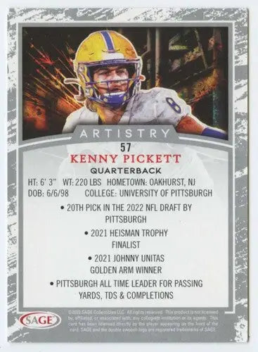 Original gloss 2022 SAGE Artistry Black Border Kenny Pickett football card in near mint condition