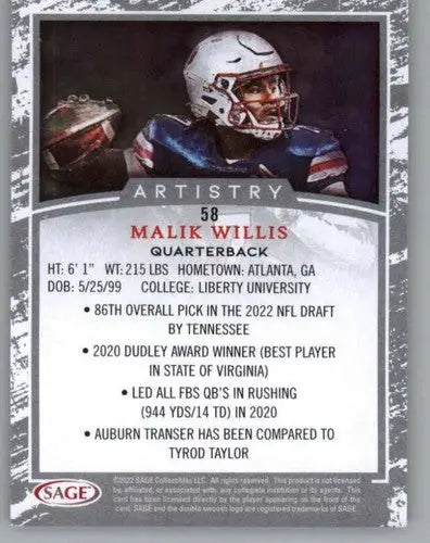 Malik Willis football card from 2022 SAGE Artistry Black Border collection