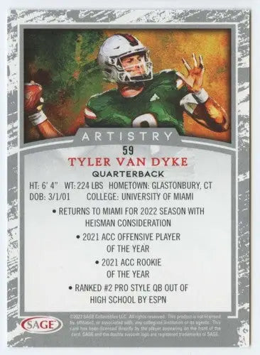 2022 Sage Artistry Black Border Tyler Van Dyke football card front view