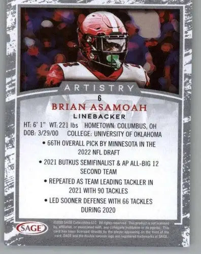 2022 SAGE Artistry Black Border #6 Brian Asamoah NM-MT ID:56628 - Football Card Single