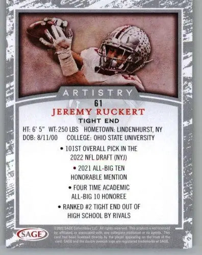 Jeremy Ruckert football card from 2022 SAGE Artistry Black Border series with original gloss