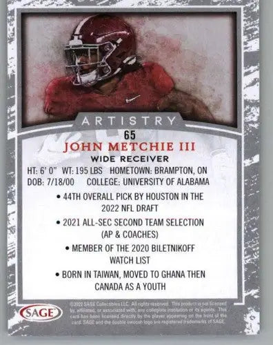 John Metchie III football card with original gloss in Sage Artistry Black Border collection