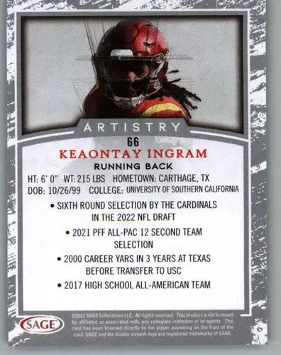 2022 Sage Artistry Black Border Keaontay Ingram football card with original gloss NM near mint