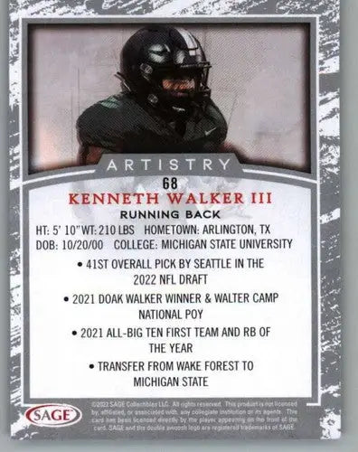Kenneth Walker III football card in Sage Artistry Black Border 2022 product