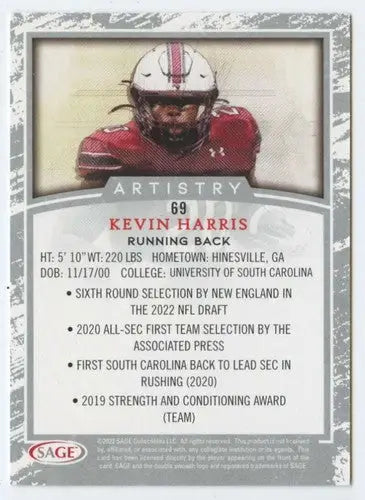 Kevin Harris football card from 2022 SAGE Artistry Black Border collection