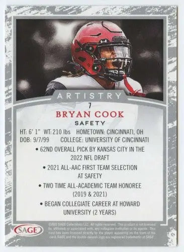 Bryan Cook football card from 2022 SAGE Artistry Black Border series