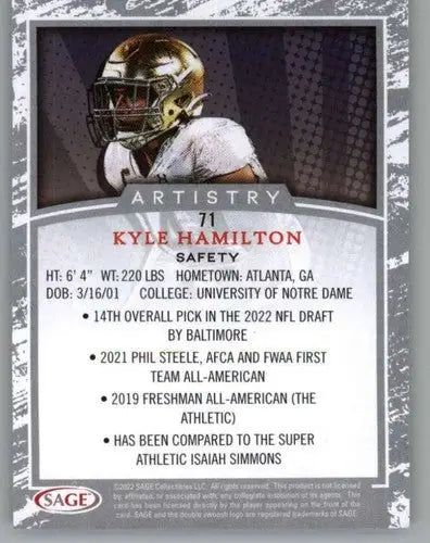 Kyle Hamilton football card with original gloss in Sage Artistry Black border style
