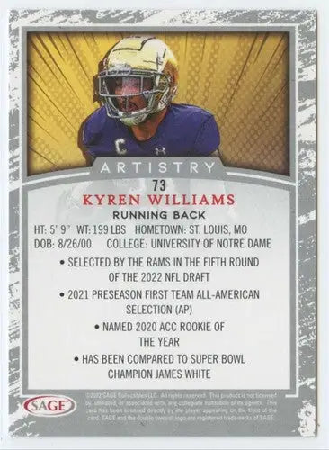 Kyren Williams football card featuring Sage Artistry Black Border from 2022 SAGE Artistry Black