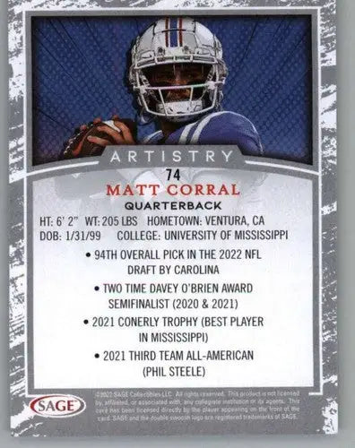 2022 Sage Artistry Black Border Matt Corral football card in near mint condition