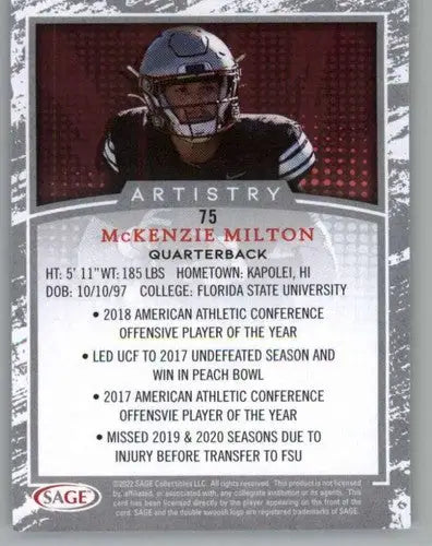 McKenzie Milton football card from 2022 Sage Artistry Black Border collection