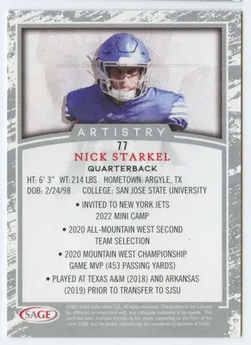 Nick Starkel football card from Sage Artistry Black Border series in near mint condition