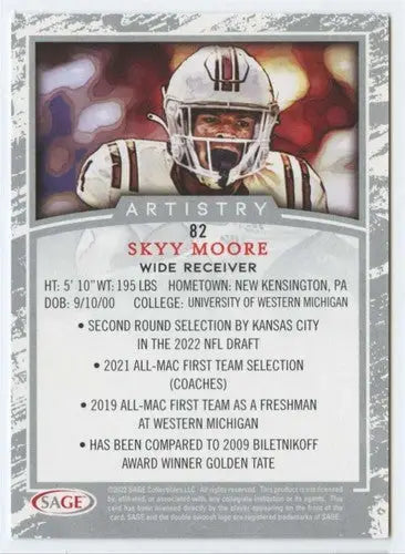 Skyy Moore football card with original gloss in Sage Artistry Black border, near mint