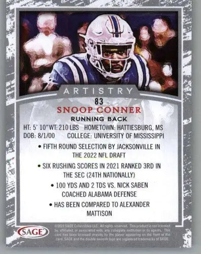 2022 Sage Artistry Black Border Snoop Conner football card in Near Mint condition
