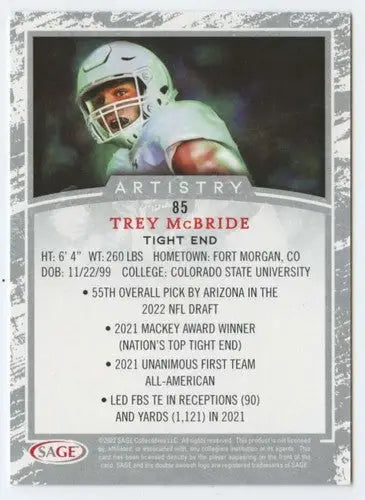 2022 SAGE Artistry Black Border #85 Trey McBride NM Near Mint ID:66211 - Football Card Single