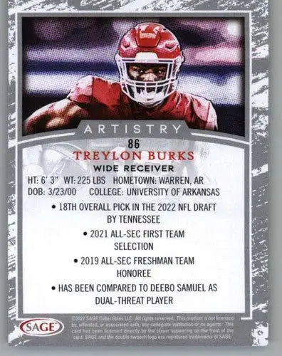 2022 SAGE Artistry Black Border #86 Treylon Burks NM-MT ID:56639 - Football Card Single
