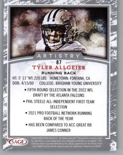 2022 Sage Artistry Black Border Tyler Allgeier football card NM-MT collectible
