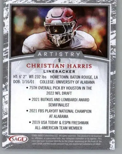 2022 SAGE Artistry Black Border #9 Christian Harris NM Near Mint ID:66154 - Football Card Single