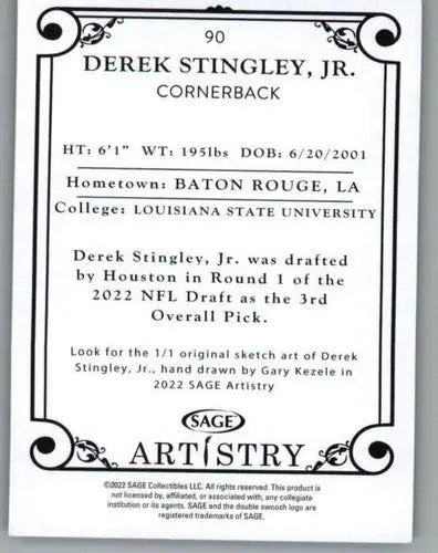 2022 SAGE Artistry Black Border #90 Derek Stingley Jr. NM Near Mint ID:66219 - Football Card Single