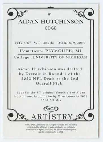 2022 SAGE Artistry Black Border #91 Aidan Hutchinson NM Near Mint ID:66220 - Football Card Single