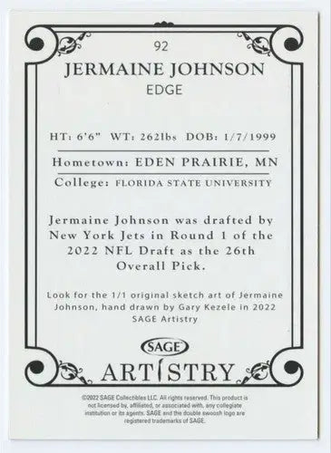 2022 SAGE Artistry Black Border #92 Jermaine Johnson NM Near Mint ID:66221 - Football Card Single