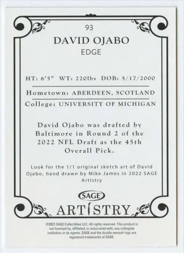 David Ojabo football card with original gloss, Sage Artistry Black border, NM near mint