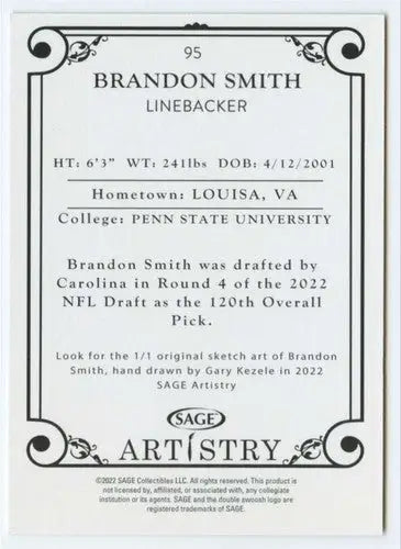 2022 SAGE Artistry Black Border #95 Brandon Smith NM Near Mint ID:66224 - Football Card Single