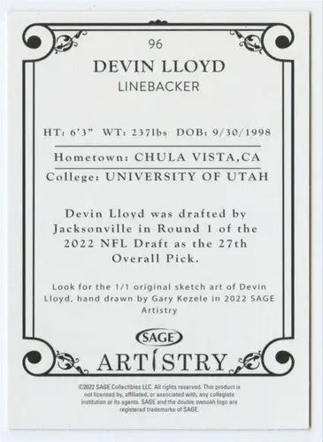 2022 SAGE Artistry Black Border #96 Devin Lloyd NM Near Mint ID:66225 - Football Card Single