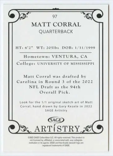 2022 SAGE Artistry Black Border Matt Corral football card in Sage Artistry Black collection
