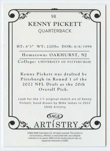 Original gloss 2022 Sage Artistry Black Border Kenny Pickett football card in near mint condition