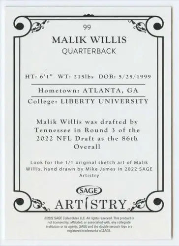 2022 SAGE Artistry Black Border #99 Mailik Willis NM Near Mint ID:66232 - Football Card Single