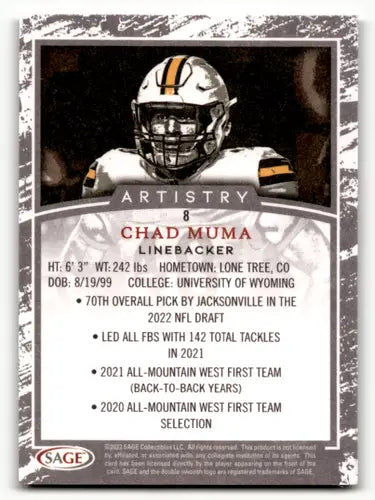 2022 Sage Artistry Canvas Chad Muma football card NM-MT ID 56692