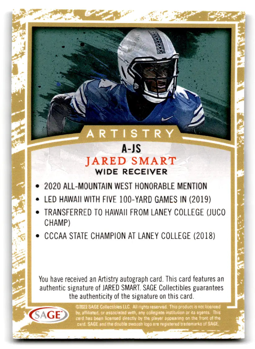 Jared Smart Hawaii Rainbow Warriors football card from 2022 SAGE Artistry series