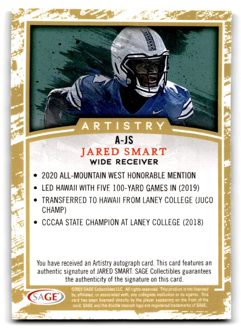 Jared Smart Hawaii Rainbow Warriors football card from 2022 SAGE Artistry series