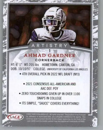 2022 SAGE Artistry Silver Border #1 Ahmad Gardner NM-MT ID:56682 - Football Card Single